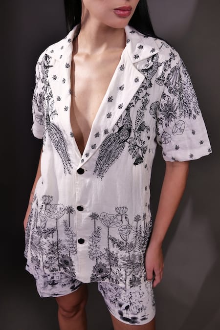 Buy_Rahul Singh_Ivory Cotton, Linen Embroidery Collared, Kantha And Aari Shirt & Shorts Set _Online_at_Aza_Fashions