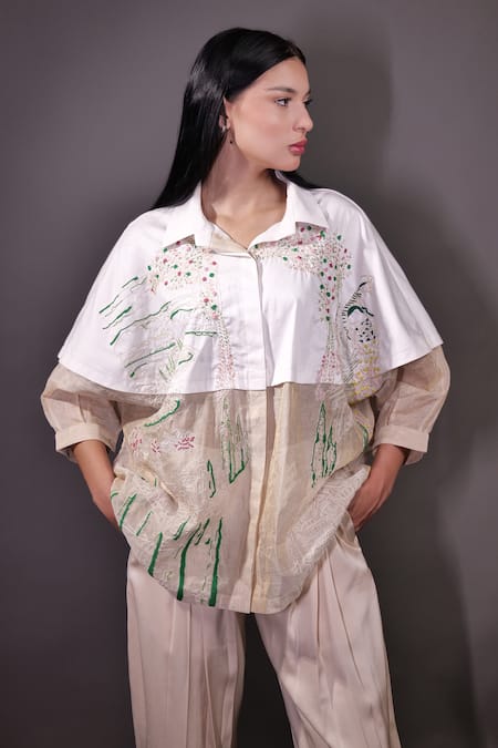 Rahul Singh_Ivory Cotton, Silk Organza, Crepe Kantha And Aari Thread Shirt & Trouser Set _Online_at_Aza_Fashions
