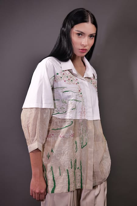 Buy_Rahul Singh_Ivory Cotton, Silk Organza, Crepe Kantha And Aari Thread Shirt & Trouser Set _Online_at_Aza_Fashions