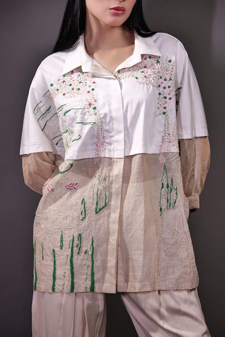 Rahul Singh_Ivory Cotton, Silk Organza, Crepe Kantha And Aari Thread Shirt & Trouser Set _at_Aza_Fashions