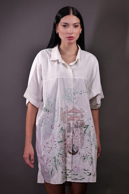 Rahul Singh_Ivory Cotton Embroidery, Metallic Thread Collared Kantha And Aari Dress _Online_at_Aza_Fashions