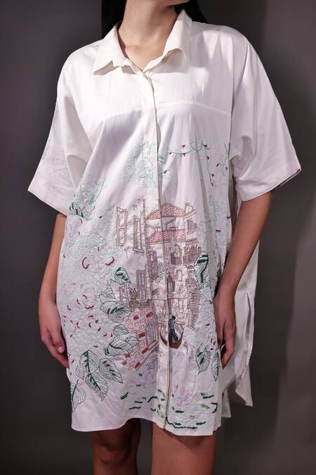 Shop_Rahul Singh_Ivory Cotton Embroidery, Metallic Thread Collared Kantha And Aari Dress _Online_at_Aza_Fashions