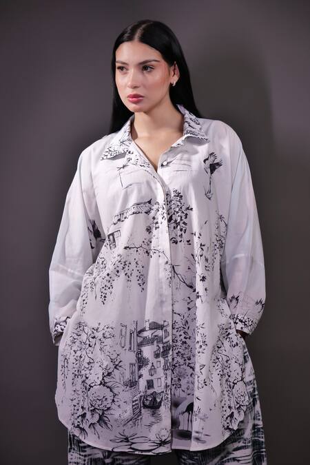 Rahul Singh_Ivory Cotton Collared Printed Shirt And Trouser Set _at_Aza_Fashions