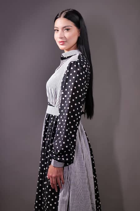 Rahul Singh_Black Cotton V-neck Polka Dot And Stripe Block Print Dress _Online_at_Aza_Fashions
