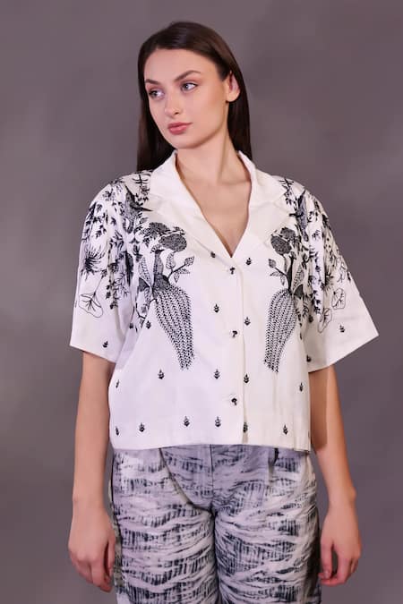 Buy_Rahul Singh_Ivory Cotton Embroidery Collared Kantha Shirt And Trouser Set _Online_at_Aza_Fashions