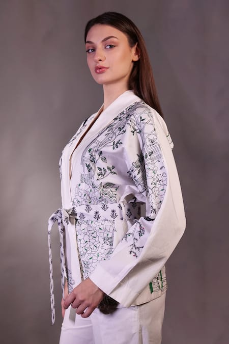 Buy_Rahul Singh_Ivory Cotton Embroidery, Metallic Thread Open Kantha Shacket And Trousers Set _Online_at_Aza_Fashions