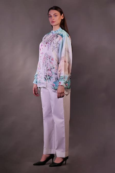 Rahul Singh_Ivory Silk Organza, Cotton High Neck Printed Top And Trouser Set _Online_at_Aza_Fashions