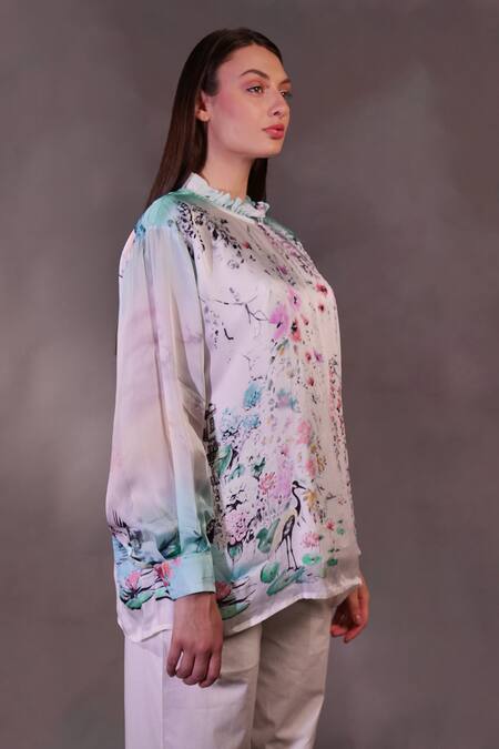 Buy_Rahul Singh_Ivory Silk Organza, Cotton High Neck Printed Top And Trouser Set _Online_at_Aza_Fashions