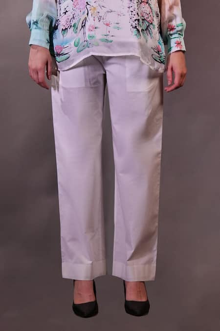 Shop_Rahul Singh_Ivory Silk Organza, Cotton High Neck Printed Top And Trouser Set _Online_at_Aza_Fashions