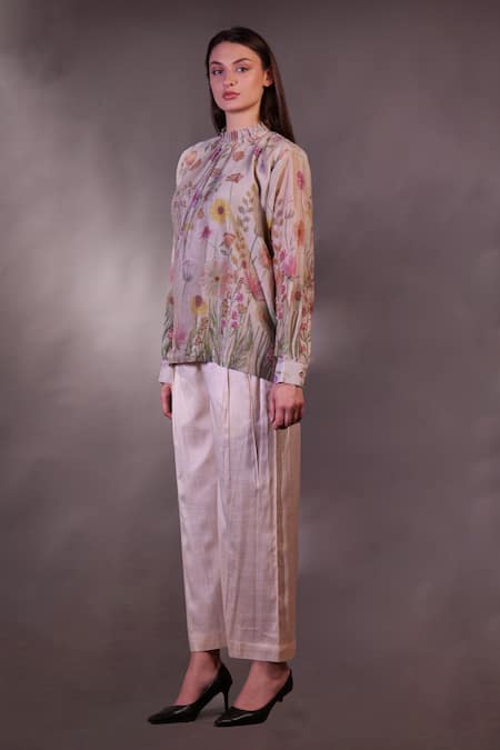 Rahul Singh_Ivory Silk Organza, Cotton High Neck Printed Top And Trouser Set _Online_at_Aza_Fashions