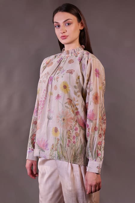 Buy_Rahul Singh_Ivory Silk Organza, Cotton High Neck Printed Top And Trouser Set _Online_at_Aza_Fashions