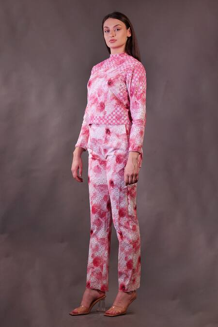 Rahul Singh_Ivory Cotton Embroidery High Neck Printed Top And Trouser Set _Online_at_Aza_Fashions
