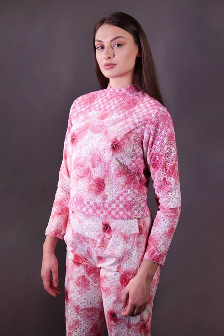 Buy_Rahul Singh_Ivory Cotton Embroidery High Neck Printed Top And Trouser Set _Online_at_Aza_Fashions