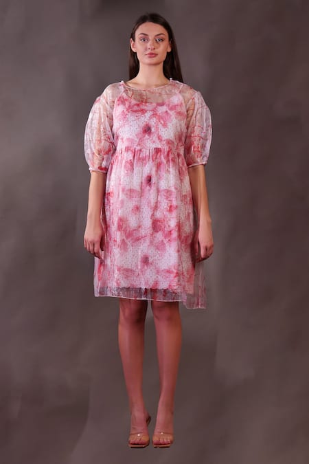 Rahul Singh Organza Printed Layered Schiffli Dress 