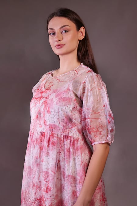 Rahul Singh_Ivory Organza, Cotton Round Neck Printed Layered Schiffli Dress _Online_at_Aza_Fashions