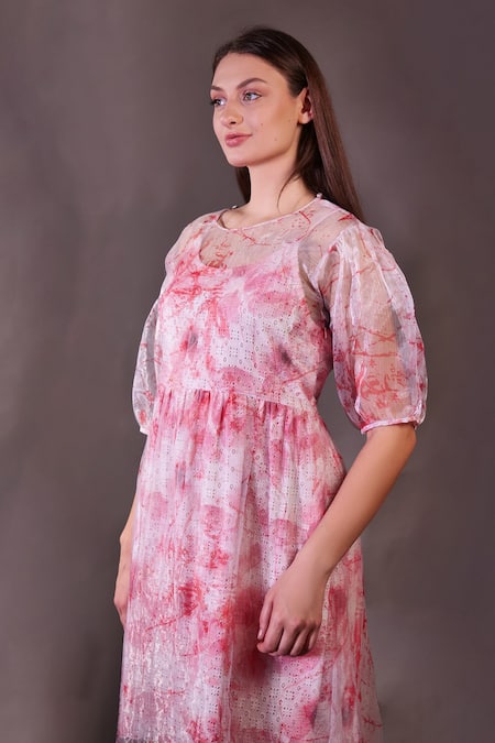 Rahul Singh Organza Printed Layered Schiffli Dress 