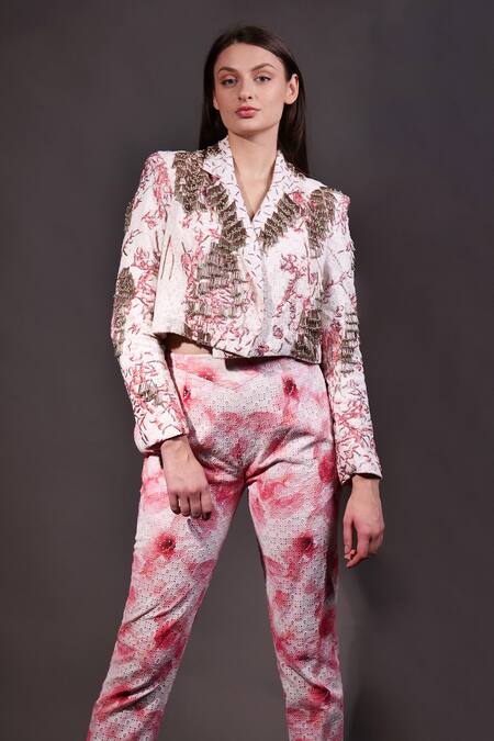 Rahul Singh_Ivory Cotton Sequins, Beads V-neck Embellished Schiffli Shacket And Trouser Set _Online_at_Aza_Fashions