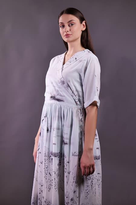 Rahul Singh_Ivory Cotton V-neck Printed Wrap Midi Dress _Online_at_Aza_Fashions
