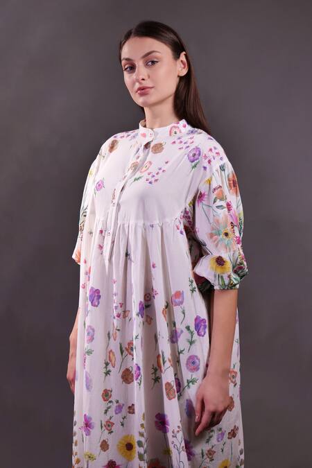 Rahul Singh_Ivory Cotton Collared Printed Floral Midi Dress _Online_at_Aza_Fashions