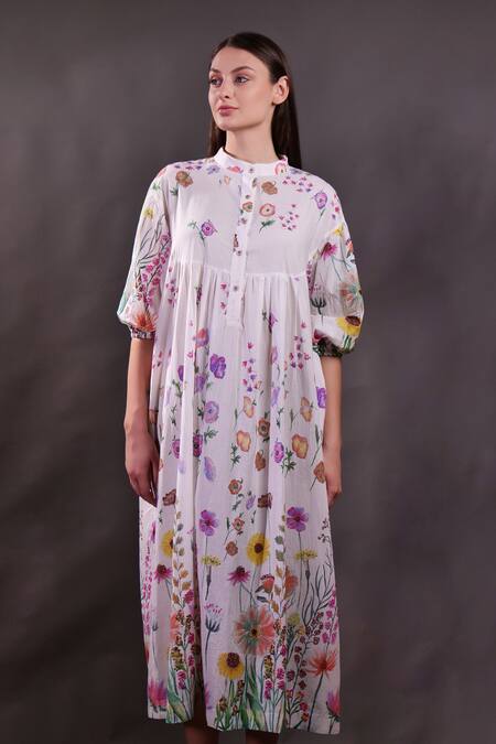 Buy_Rahul Singh_Ivory Cotton Collared Printed Floral Midi Dress _Online_at_Aza_Fashions