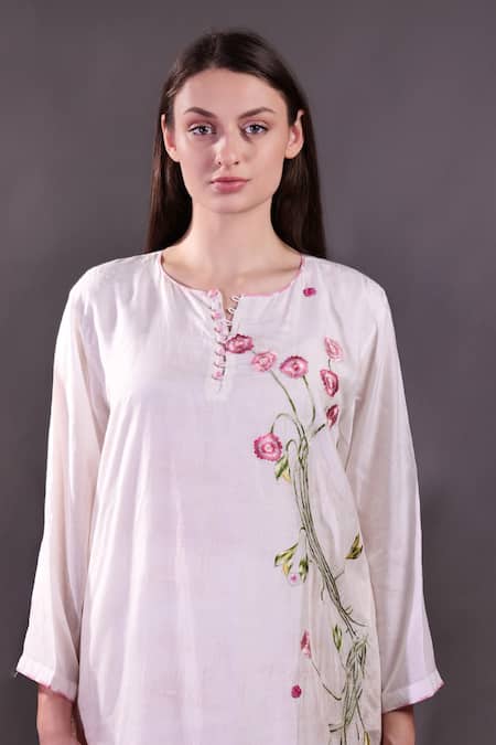 Shop_Rahul Singh_Ivory Cotton, Silk Embroidery Round Neck Hand Kurta And Trouser Set _Online_at_Aza_Fashions