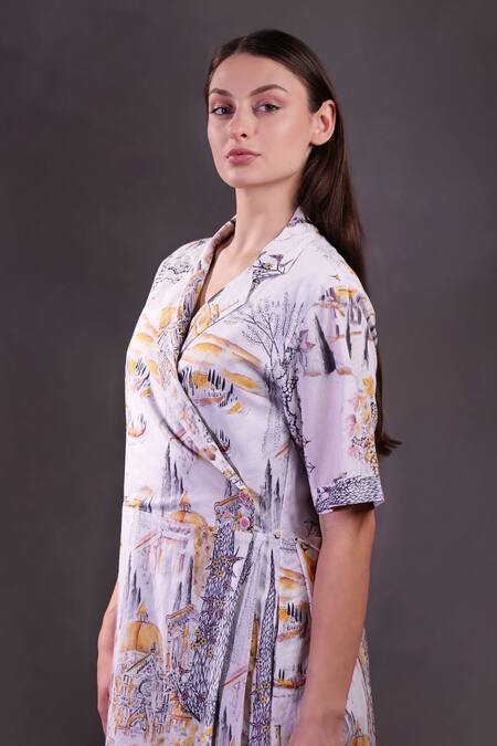 Rahul Singh_Ivory Cotton Collared, V-neck Printed Wrap Midi Dress _Online_at_Aza_Fashions