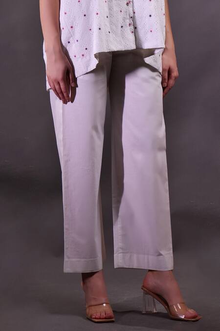 Rahul Singh_Ivory Cotton Embroidery Collared Schiffli Shirt And Trousers Set _Online_at_Aza_Fashions