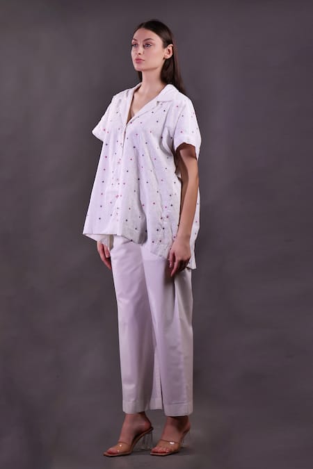 Buy_Rahul Singh_Ivory Cotton Embroidery Collared Schiffli Shirt And Trousers Set _Online_at_Aza_Fashions