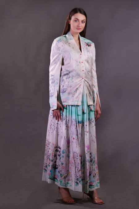 Rahul Singh_Ivory Silk, Cotton Embroidery Open Neck Printed Jacket And Skirt Set _Online_at_Aza_Fashions