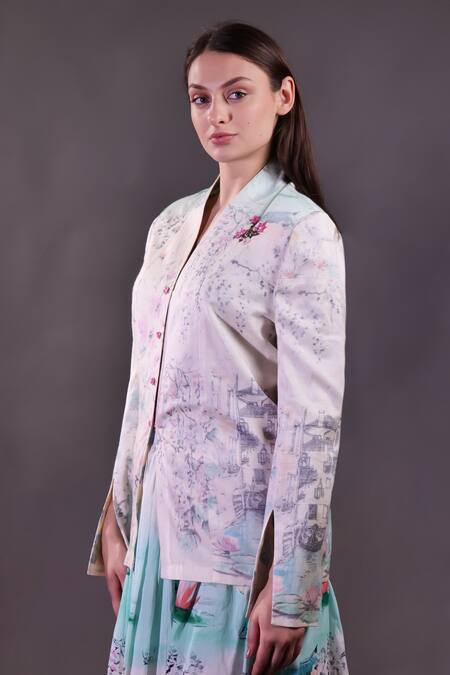 Shop_Rahul Singh_Ivory Silk, Cotton Embroidery Open Neck Printed Jacket And Skirt Set _Online_at_Aza_Fashions