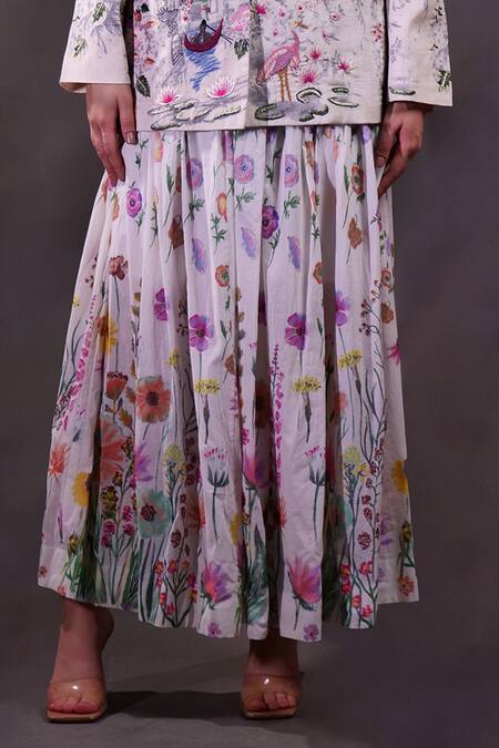 Rahul Singh_Ivory Silk, Cotton Embroidery V-neck Printed Jacket Skirt Set _Online_at_Aza_Fashions