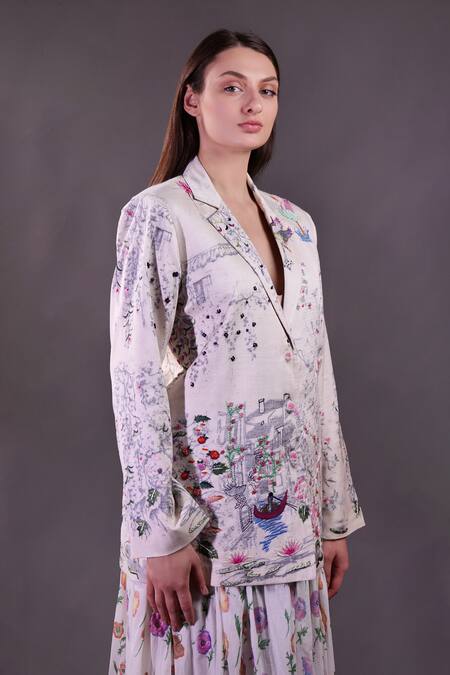 Buy_Rahul Singh_Ivory Silk, Cotton Embroidery V-neck Printed Jacket Skirt Set _Online_at_Aza_Fashions
