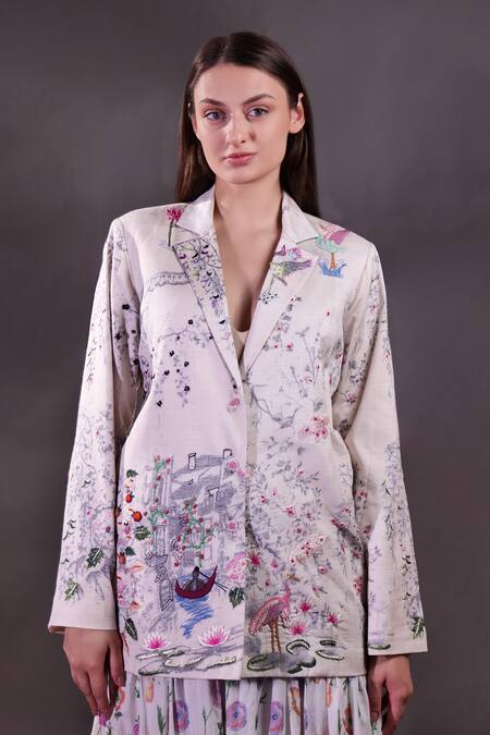 Shop_Rahul Singh_Ivory Silk, Cotton Embroidery V-neck Printed Jacket Skirt Set _Online_at_Aza_Fashions