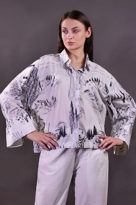 Rahul Singh_Ivory Cotton Embroidery Collared Printed Shirt And Trouser Set _Online_at_Aza_Fashions