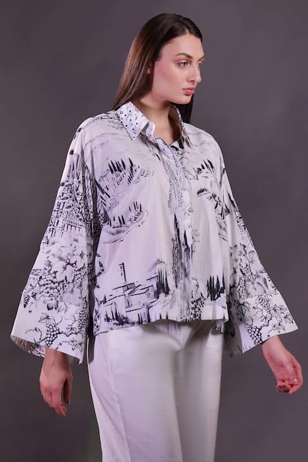 Buy_Rahul Singh_Ivory Cotton Embroidery Collared Printed Shirt And Trouser Set _Online_at_Aza_Fashions