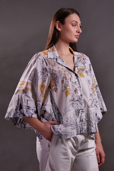 Rahul Singh_Ivory Cotton Embroidery Collared, V-neck Printed Shirt And Trouser Set _Online_at_Aza_Fashions