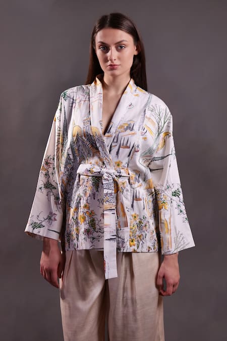 Rahul Singh_Ivory Cotton Embroidery V-neck Printed Shacket And Trouser Set _Online_at_Aza_Fashions