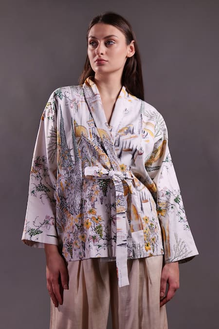 Buy_Rahul Singh_Ivory Cotton Embroidery V-neck Printed Shacket And Trouser Set _Online_at_Aza_Fashions