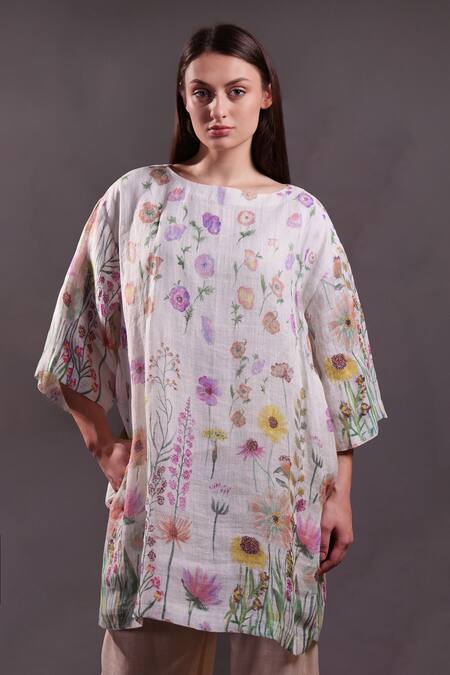 Buy_Rahul Singh_Ivory Linen Round Neck Floral Print Kurta And Trousers Set _Online_at_Aza_Fashions