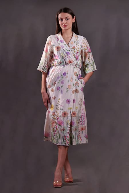 Rahul Singh Floral Print Chanderi Silk Midi Dress 