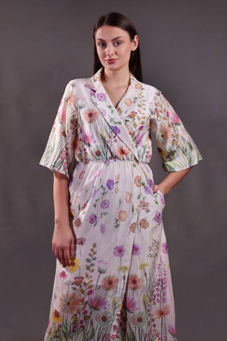 Rahul Singh_Ivory Chanderi Silk V-neck, Collared Floral Print Midi Dress _Online_at_Aza_Fashions