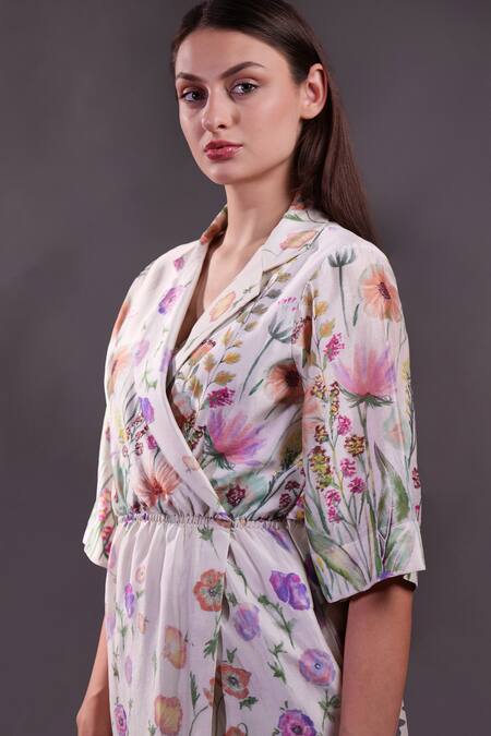 Buy_Rahul Singh_Ivory Chanderi Silk V-neck, Collared Floral Print Midi Dress _Online_at_Aza_Fashions