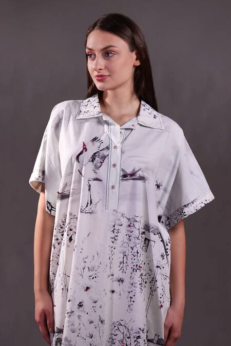 Rahul Singh_Ivory Cotton Collared Printed Midi Dress _Online_at_Aza_Fashions