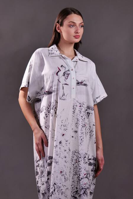 Buy_Rahul Singh_Ivory Cotton Collared Printed Midi Dress _Online_at_Aza_Fashions