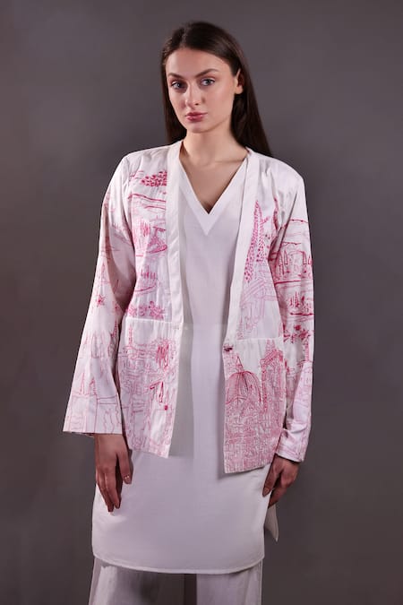 Rahul Singh_Ivory Cotton Embroidery V-, Open Kantha Jacket And Kurta Set _Online_at_Aza_Fashions