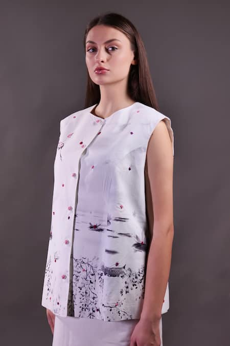 Buy Rahul Singh Ivory Cotton Embroidery Round Neck Printed Waistcoat And Kantha Trouser Set Online at Aza Fashions Buy_Rahul Singh_Ivory Cotton Embroidery Round Neck Printed Waistcoat And Kantha Trouser Set _Online_at_Aza_Fashions