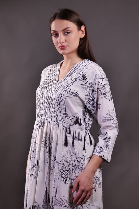 Rahul Singh_Ivory Cotton V-neck Block Print Midi Dress _Online_at_Aza_Fashions