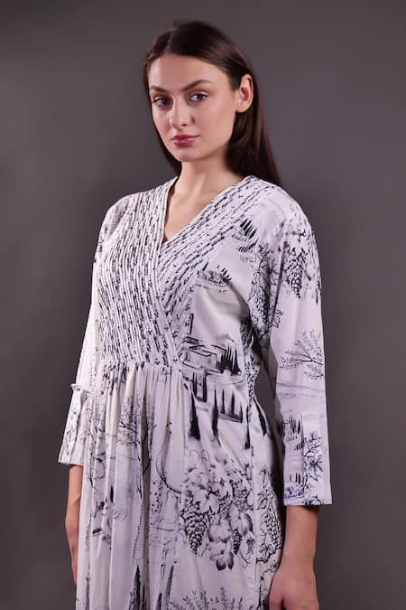 Buy_Rahul Singh_Ivory Cotton V-neck Block Print Midi Dress _Online_at_Aza_Fashions