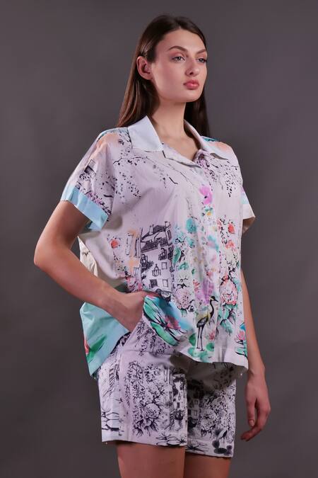 Buy_Rahul Singh_Ivory Cotton Collared Printed Shirt And Shorts Set _Online_at_Aza_Fashions