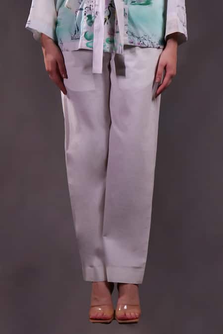 Rahul Singh_Ivory Cotton Open Neck Printed Shacket And Trouser Set _Online_at_Aza_Fashions